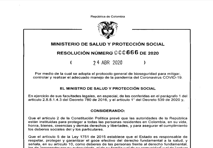 Resolución 666 del 24 de abril de 2020, expedida por el Ministerio de Salud y Protección Social