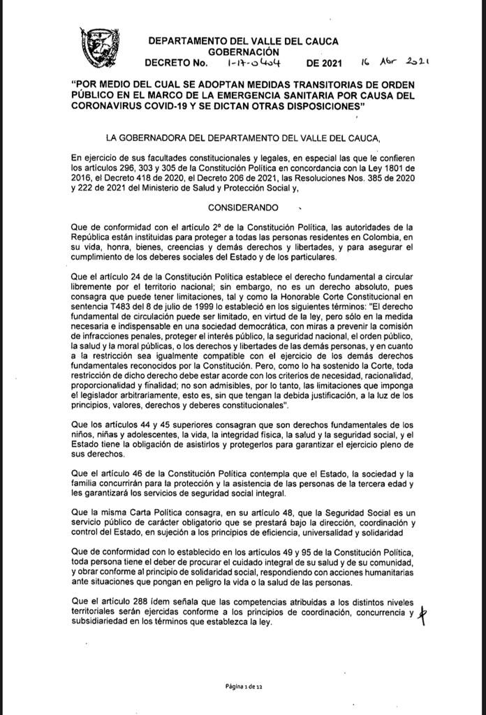 Nuevo decreto de Gobernación y medidas especiales para el Valle del Cauca
