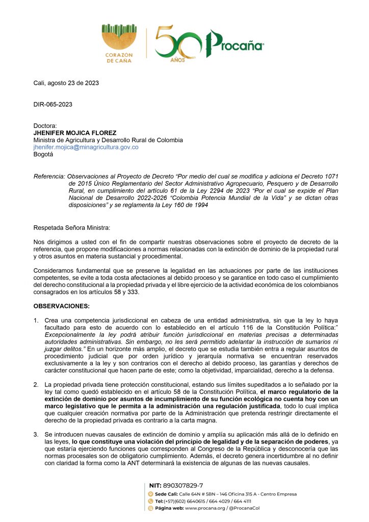 Carta a la Ministra de Agricultura y Desarrollo Rural de Colombia, Jhenifer Mojica Flórez
