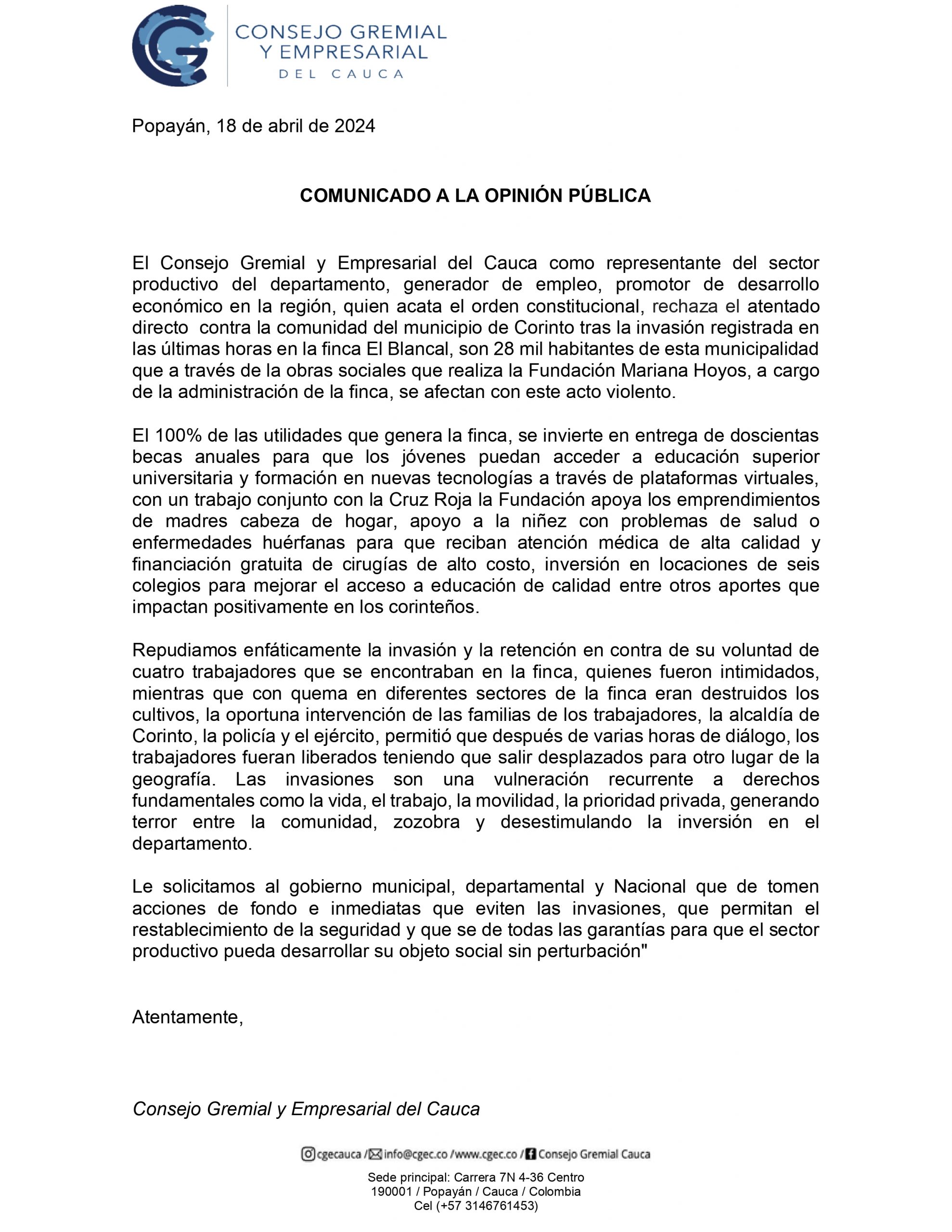 Consejo Gremial y Empresarial del Cauca, Rechaza la invasión a la finca El Blancal, del municipio de Corinto