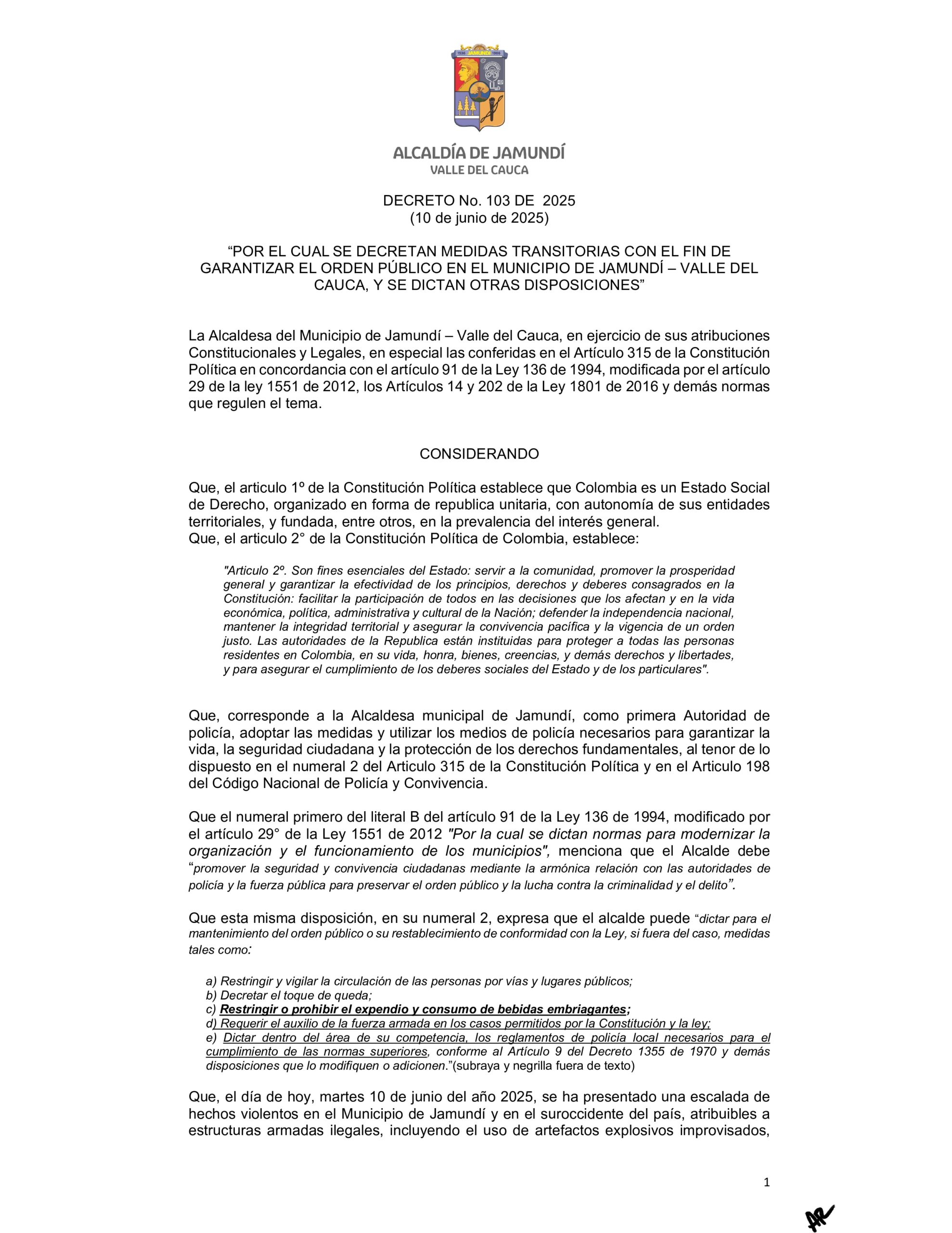 DECRETO No. 103 DE 2025 – ALCALDÍA DE JAMUNDI