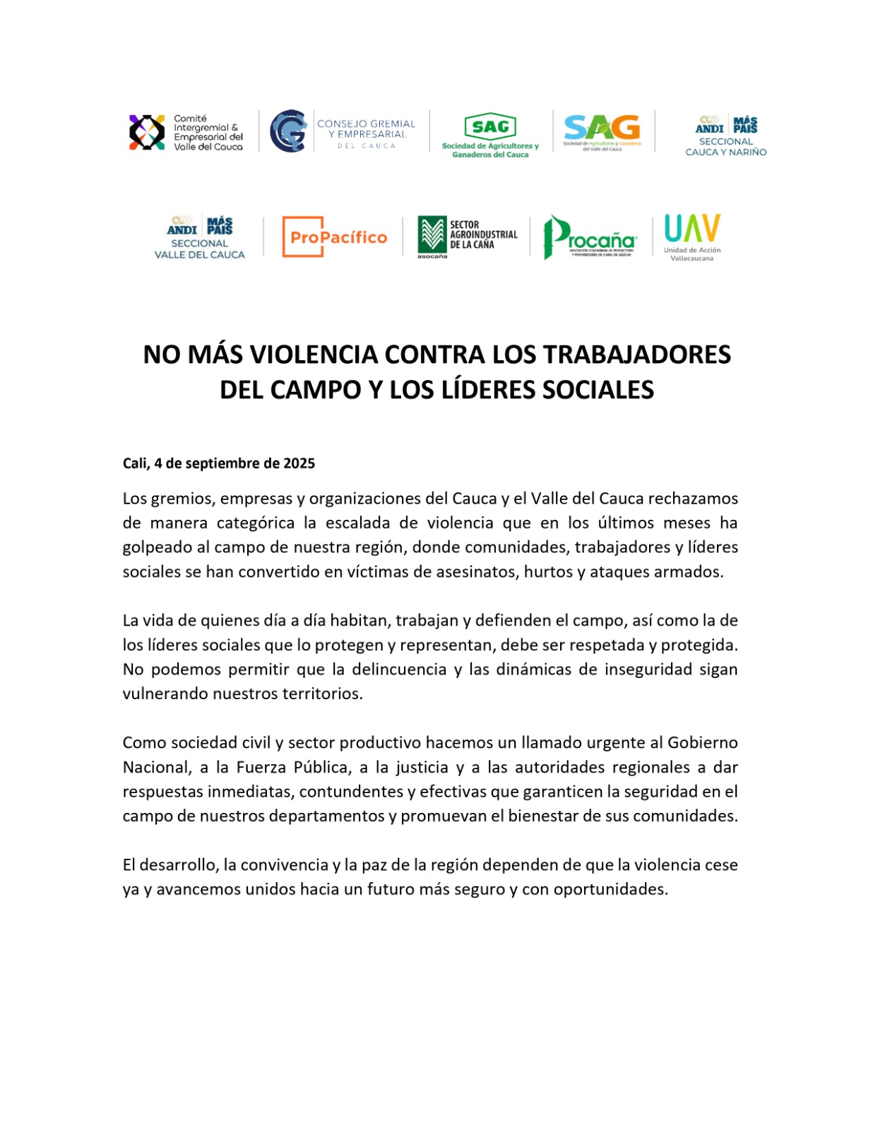 No más violencia contra los trabajadores del campo y los líderes sociales